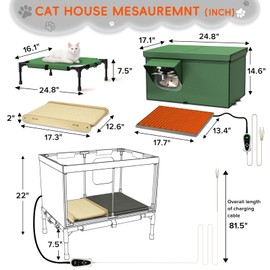 4-in-1 Heated Cat House for Outside with Heating Pad, Scratching Bed and Elevated Bed, Waterproof Windproof TPU Rain Cover, Large Cat Winter House Outdoor