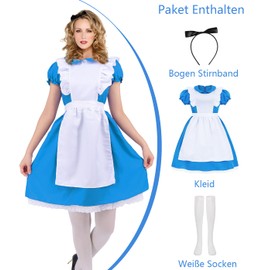 Mrsclaus Adult Blue Dress Set with Apron Headband Socks Carnival Wonder Princess Costume for Women Birthday Fancy Dress Cosplay Party with Accessories C061M