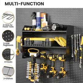 TRZZ Power Tool Organizer, 3-Tier Drill Holder Wall Mount with 2 Side Pegboards, Heavy Duty Metal Tool Shelf, Cordless Tool Organizers and Storage for Garage, Tool Room, Workshop, Black