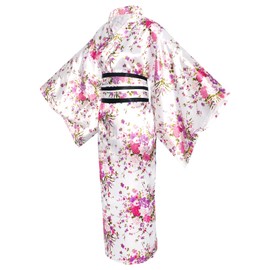 CRFASIBE Women's Long Kimono Robe, Japanese Sakura Print Kimono Dressing Gowns, Japanese Cosplay Dress Costume Set with Accessories, Pack of 5, White, Unit size