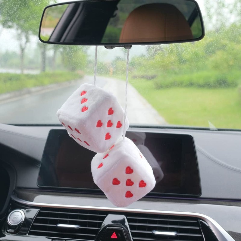 Pair 3” Fuzzy Plush Dice Heart Shape Decor for Car