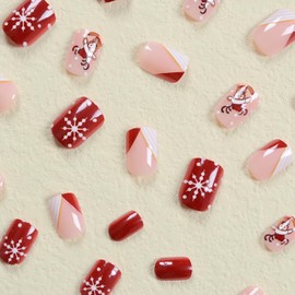 Christmas Press on Square Nails Short Length Glossy Full Cover Acrylic Xmas False Nails with Snowflake Designs Artificial Square Shaped Fake Nails with Charms Glue ons Fingernails for Women(SN166)