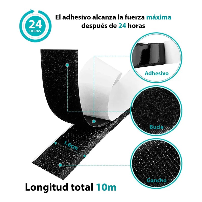 Cierre Adherente Autoadhesiva Gancho Y Felpa 10m Negro Nylon Reutilizable