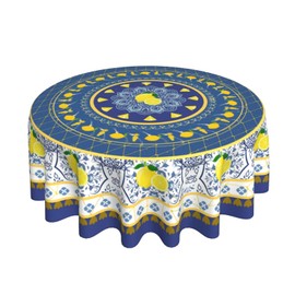 Blue Lemon Tablecloth Round 60 Inch Boho Floral Fabric Table Cover Washable Waterproof Table Cloth for Kitchen Dining Picnic Party Decor