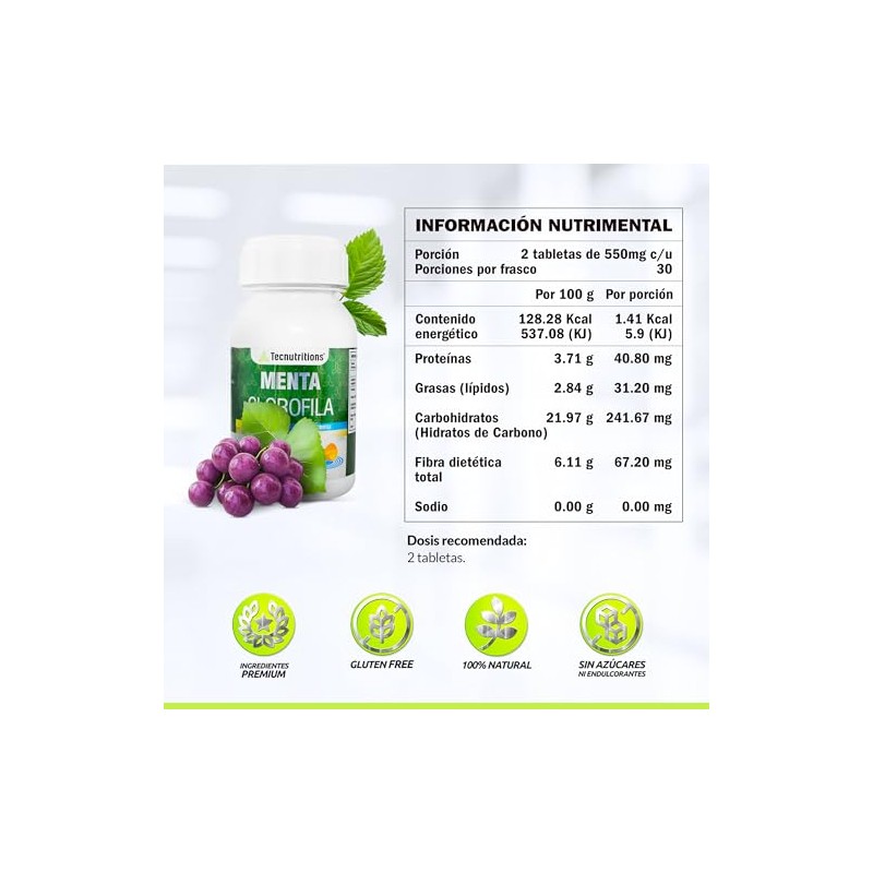 Menta Clorofila - suplemento alimenticio en Frasco de 60 tabletas.