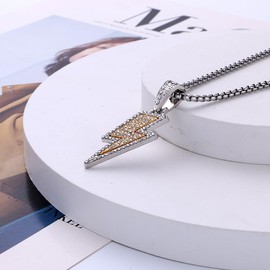 DUTACK Full Rhinestones Lighting Thunder Pendant Necklace For Men Women Stainelss Steel Sweater Chains Hiphop Neck Jewelry Collar Chain