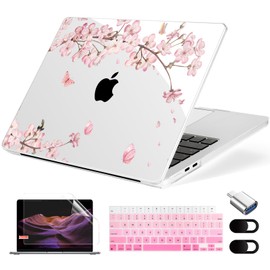 MecBevia Compatible with MacBook Air 15 inch Case, M4 A3241/M3 A3114/M2 A2941 (Released 2025 to 2023), Hard Shell, Keyboard Cover, Screen Protector, Webcam Cover & Type-C Adapter, Butterflies Sakura