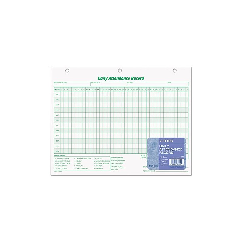 TOPS 3284 Daily Attendance Card, 8 1/2 x 11, Green;