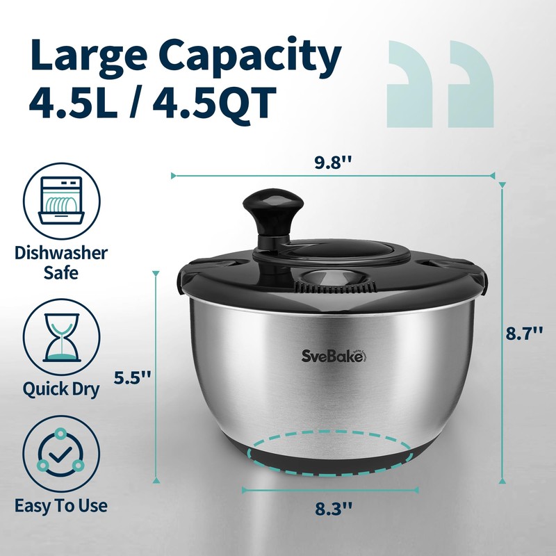 SveBake Stainless Steel Salad Spinner, 4.2 Qt Vegetable Washer, BPA-Free