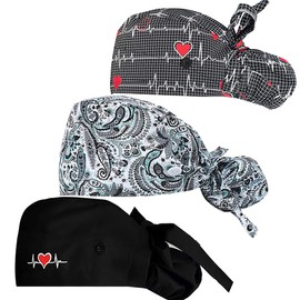 ATHPIK3pcs Working Caps with Button & Sweatband Cotton Long Hair, Adjustable Scrub Cap Ponytail, Tie Back Hats for Women, One Size, Floral, Black
