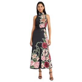 Maggy London Women's Sleeveless Mock Neck Maxi Elegant Floral Print for Wedding Guest-Versatile Formal Dresses, Black/Persian Red