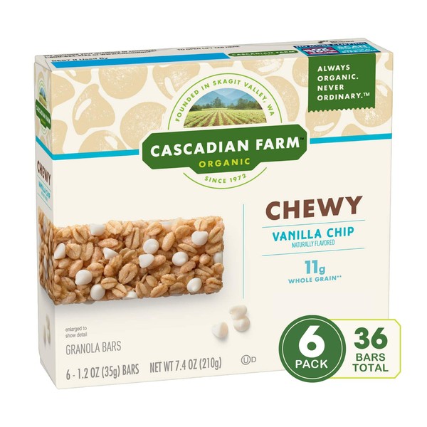 CASCADIAN FARM ORGANIC CHEWY GRANOLA BARS VANILLA CHIP, 44.4 oz (Pack of 6)