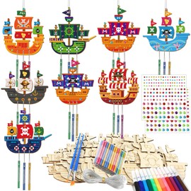 gisgfim 16 Pack Pirates Ship Wind Chime Kits for Kids Make Your Own Coloring Wooden DIY Arts and Crafts for Pirates Party Activities Decorations Supplies Favors School Classroom Girls Boys