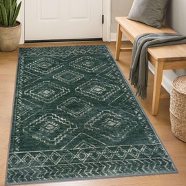 KILOCOCO Boho Entryway Rug 3x5 Area Rug Washable Non Slip Throw Rugs Soft for Kitchen Living Room Dining Bedroom Geometric Moroccan Carpet, Green