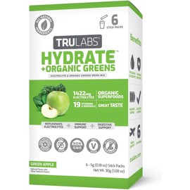 TRULABS Hydrate+ Organic Greens Electrolyte Powder - Sugar-Free Hydration Packets, 1422mg Electrolytes & 19 Vitamins & Minerals, 4 Organic Greens, 6ct