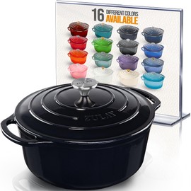 Zulay Kitchen 5 Quart Enameled Cast Iron Dutch Oven with Lid,Silicone Trivet & Heat Pad – Premium Durability & Oven Safe up to 500°F – Heavy Duty Cookware Perfect for Bread Baking, Stews, Braising & Roasting – Black