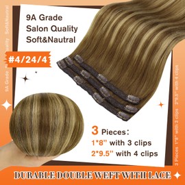 Full Shine Balayage Hair Extensions for Women Lace Weft Clip in Hair Extensions Color 4/24/4 Human Hair Clip in Human Hair Extensions 3 Pieces 20 Inch Hair Extensions 60 Grams