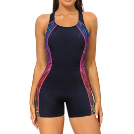 CharmLeaks Womens Athletic Boyleg Swimsuits Embossed Waterproof Fabric Swimming Costume Black Red Printed L