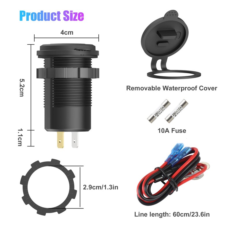 Boostable 12V USB C Outlet 65W PD3.0 Port and 18W