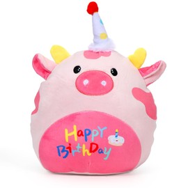 Zaloife Happy Birthday Cow Plush Toy, Pink, Birthday Cuddly Toy Cow 27 cm, Stuffed Toy Cow Plush, Funny Super Soft Cow Plush Doll Gift for Children