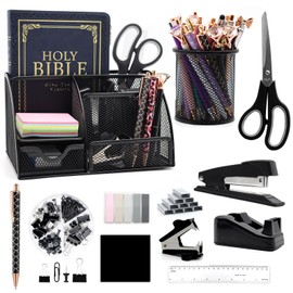 12 in 1 Black Desk Organizers and Accessories, Black Gifts for Coworkers, Black Office Supplies Include Black Stapler Pen Holder Tape Holder Staples Scissors Ruler Staple Remover for Home School