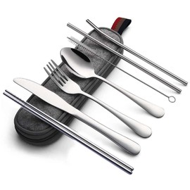 Juego de Cubiertos Portátiles de Acero Inoxidable 8 Piezas: Incluye Pajita y Estuche de Viaje - Utensilios Reutilizables para Acampar, Oficina, Escuel