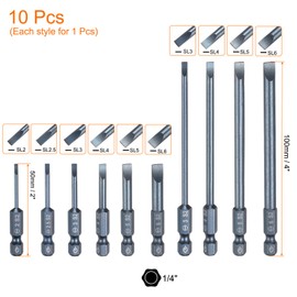 HARFINGTON 10pcs SL2 SL2.5 SL3 SL4 SL5 SL6 Magnetic Slotted Screwdriver Bits S2 Steel Flat Head Screwdriver Bit 1/4" Hex Shank Screw Driver Drill Bits 50mm (2") 100mm (4") Long for Screws