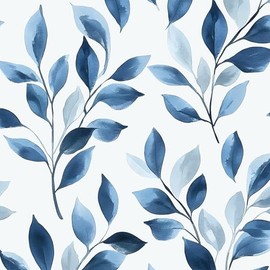 Blue Leaf Boho Peel and Stick Wallpaper – 17.5" x 393" Self-Adhesive Vinyl Blue Floral Contact Paper for Bedroom Bathroom Walls, Modern Removable Wallpaper Decor in Navy and White