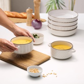 KooK Ceramic Soup Bowls with Handles, Embossed, for French Onion Soup, Pastas, Ramen, Stews, Microwave & Dishwasher Safe, Ivory with Hand-Painted Rim, Set of 4, 24 oz, Narbonne Collection