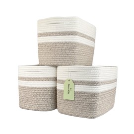 KasaVita Cotton Rope Baskets for Organizing and Storage, Woven Decorative Baskets for Shelves, Books, Toys, Closets. Storage Bins for Living Room, Bedroom, Nursery | Pack of 3 | Beige