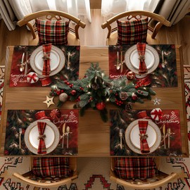 Christmas Placemats Set of 4, Classic Snowman and Christmas Tree Graphics,Table Mats,Winter Christmas Decorations Xmas Holiday Home Kitchen Table Decorations