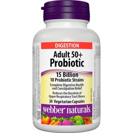 Webber Naturals Probiotic Adult 50+, 15 Billion Active Cells, 10 Probiotic Strains, 30 Capsules, For Digestive Health and Constipation Relief, Vegan