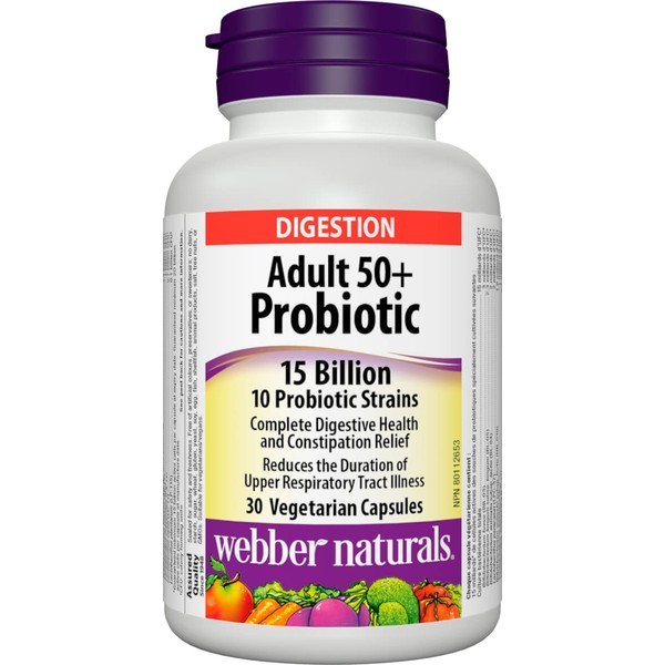 Webber Naturals Probiotic Adult 50+, 15 Billion Active Cells, 10 Probiotic Strains, 30 Capsules, For Digestive Health and Constipation Relief, Vegan
