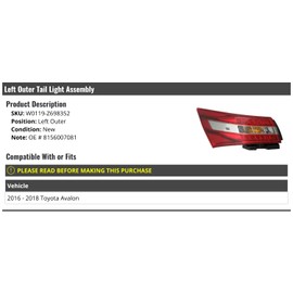 Marketplace Auto Parts Left Driver Side Outer Tail Light Assembly - Compatible with 2016-2018 Toyota Avalon