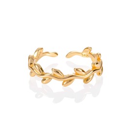 Adjustable Gold Toe Ring for Women, Yellow Gold Plated 925 Sterling Silver Toe Rings, Adjustable Vine Toe Rings, Midi Rings or Pinky Rings for Women and Teen Girls, Cute Toe Rings in a Leaf Pattern