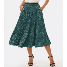 Oyamiki Ladies Skirt Elasticated Waist Print Dot Swing Pleated Maxi Skirt A Line Ruffle Long Skirts, S Green