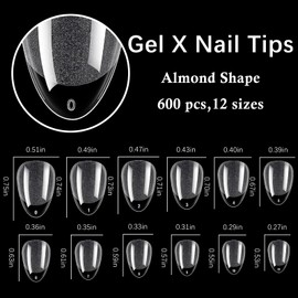 LuckyAttic 600pc Short Almond Nail Tips Clear Press on Nails Short Fake Nails Almond Gel x Nail Tips Full Cover Artificial Fingernail XS Stiletto Soft Gel Nail Tips for Gel X Acrylic Nail Extension