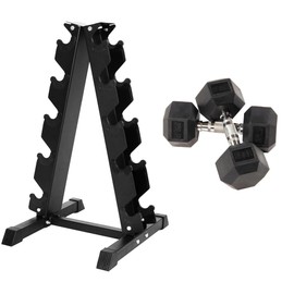 Signature Fitness Rubber Encased Hex Dumbbell, 25LB Pair with A-Frame Rack
