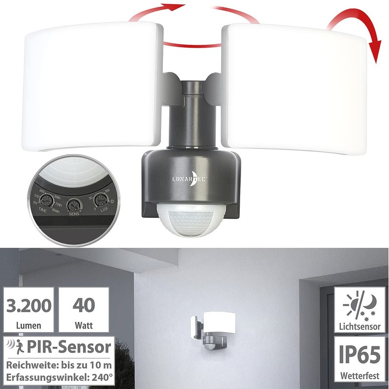 Lunartec Wall Lamp: Duo LED Outdoor Wall Spotlight with Motion