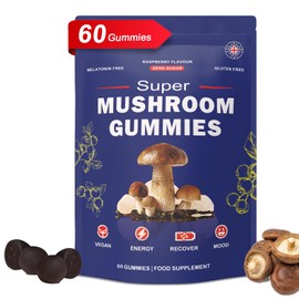 Super Mushroom Gummies with Lion's Mane Supplement, Focus, Energy, Raspberry Flavour (60 Gummies)