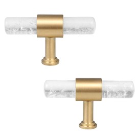 mookaitedecor Set of 2 T-Bar Crystal Drawer Pulls Handles with Screws, Brushed Brass Stone Knobs for Cabinet Kitchen Dresser, Rock Crystal