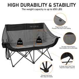 REALEAD Double Camping Chair - Oversized Camping Loveseat for Adults Two Person Support 650 lbs - Heavy Duty Folding Camp Chair with Cooler Bags for Outdoor Sports Beach