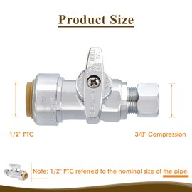 JUWO 1/2" x 3/8" OD Compression Straight Stop Valve for PEX, Copper, CPVC Pipe and Water Line, Push to Connect Brass Plumbing Fitting, Quarter-Turn Shut Off Valve (1 Pack)