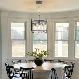 Quxezz Black Crystal Chandeliers for Dining Room Light Fixture 4 Lights Square Crystal Ceiling Light 11.8" Modern Farmhouse Crystal Pendant Lighting for Kitchen Island Living Room Bedroom Foyer