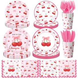 Cherry Birthday Decorations Tableware,Shes The Cherry On Top Decorations Cherry Plates and Napkins Party Supplies for Bows Girls Birthday Baby Shower Decorations,Serves 24