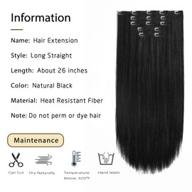 Natural Black Hair Extension Clips StrRid 26 Inch Long Invisible Straight Thick Synthetic Clip In Hair Extensions Ins Easy Installation Hair Pieces 5pcs Hair Clip Extensions For Women 8.1Oz
