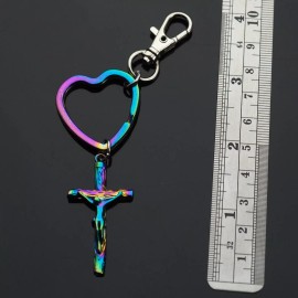 Unbranded Jesus Rugged Cross Rainbow Neon Keychain Pendant Heart Shaped Key Ring Clip