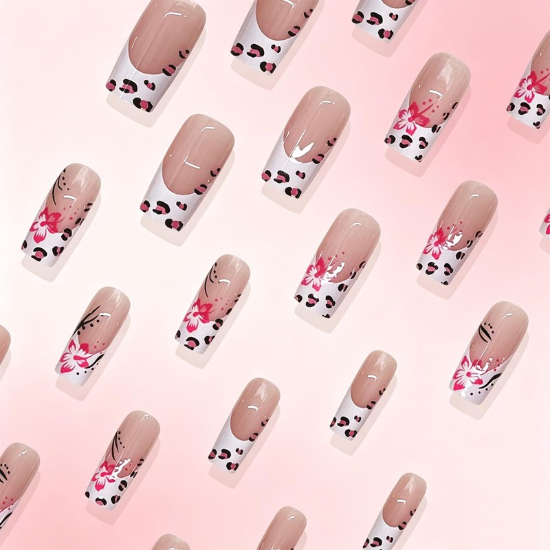 Leopard Print Press on Nails Flower False Nails with Polka