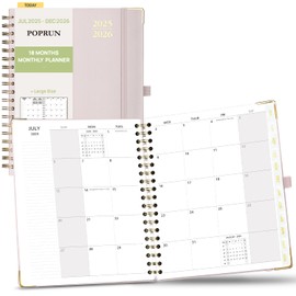 POPRUN Monthly Planner 2025-2026 Spiral Hardcover (8'' x 10''), 18 Months Calendar (Jul.2025 - Dec.2026)- 2 Pages per Month with Dotted Note Pages, Sunday Start, Laminated Tab - Light Pink