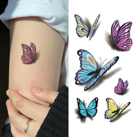 Oottati 2 Sheets Tiny Small Temporary Tattoos For Women Men Finger Hands Neck Wrist Face, Cute Long Lasting Cartoon Fake Tattoo Stickers For Kids Boys Girls 3D Butterfly Blue Purple